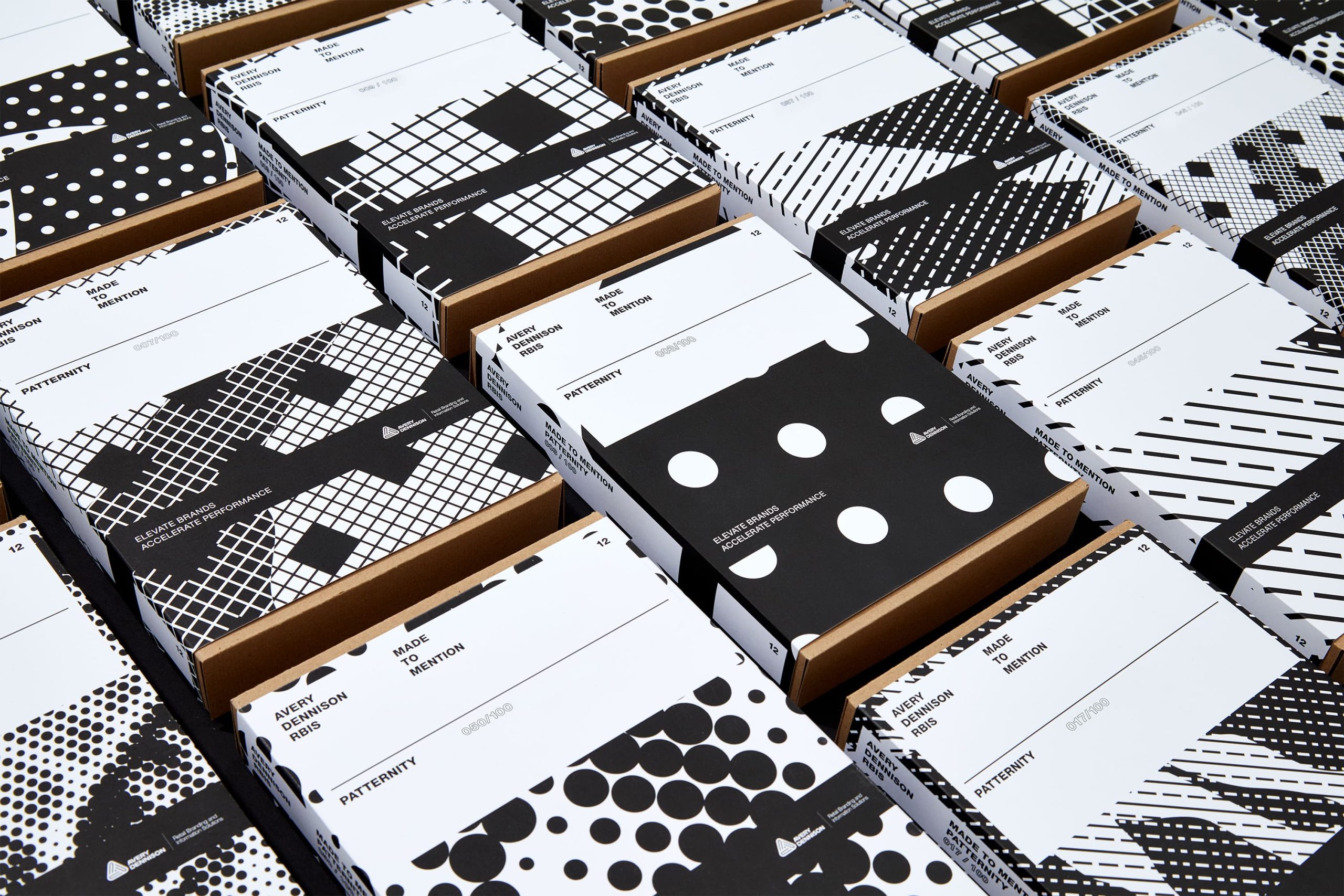 Avery Dennison collaboration with Patternity. Boxes containing lables